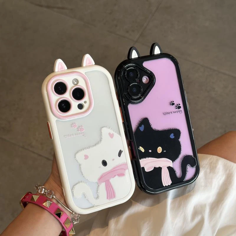 

Phone Case For iPhone 17 16 15 14 13 12 11 X XS XR Pro Max Plus New INS Cartoon 3D Cat Ears Cute Kitten Print Transparent Cover