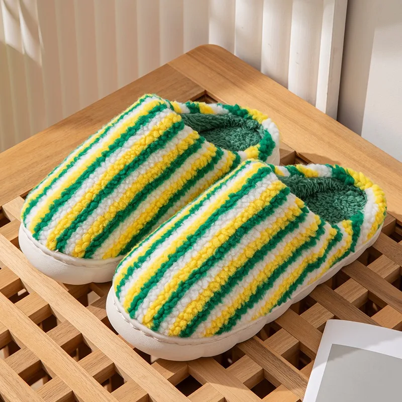 Winter Women's Plush Slippers Fashion Colorful Stripes Thickened Coral Fleece Warm Home Cotton Shoes Thick-soled House Slippers - Image 3