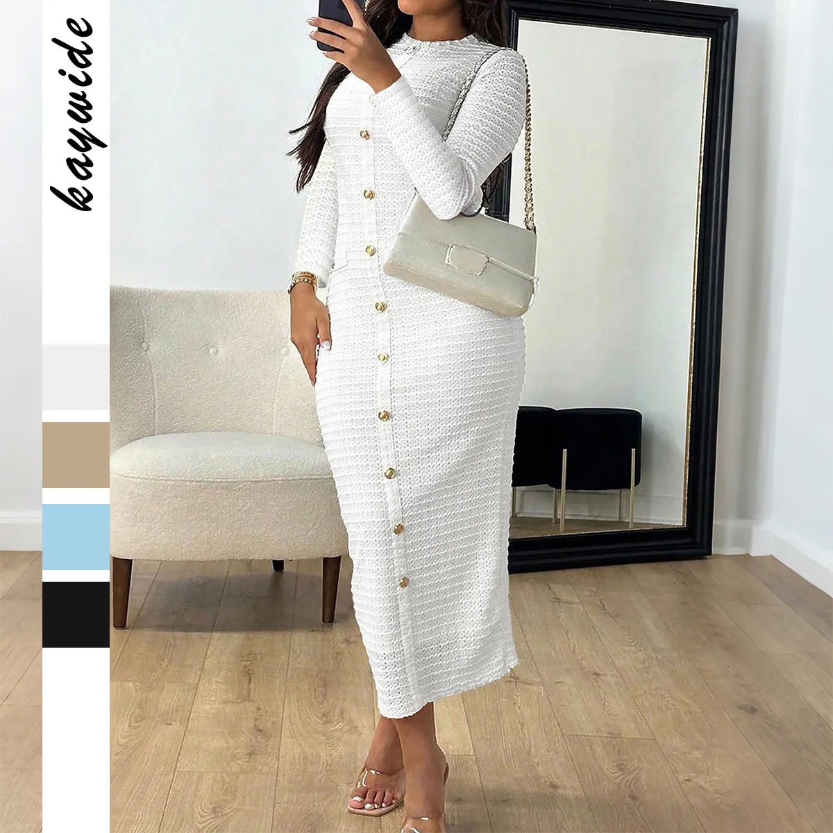 

Knitted Dress Single Breasted Short Sleeve Women Dresses Solid Sexy Slim Fit Wrap Buttocks Spliced Buttons Ankle Length
