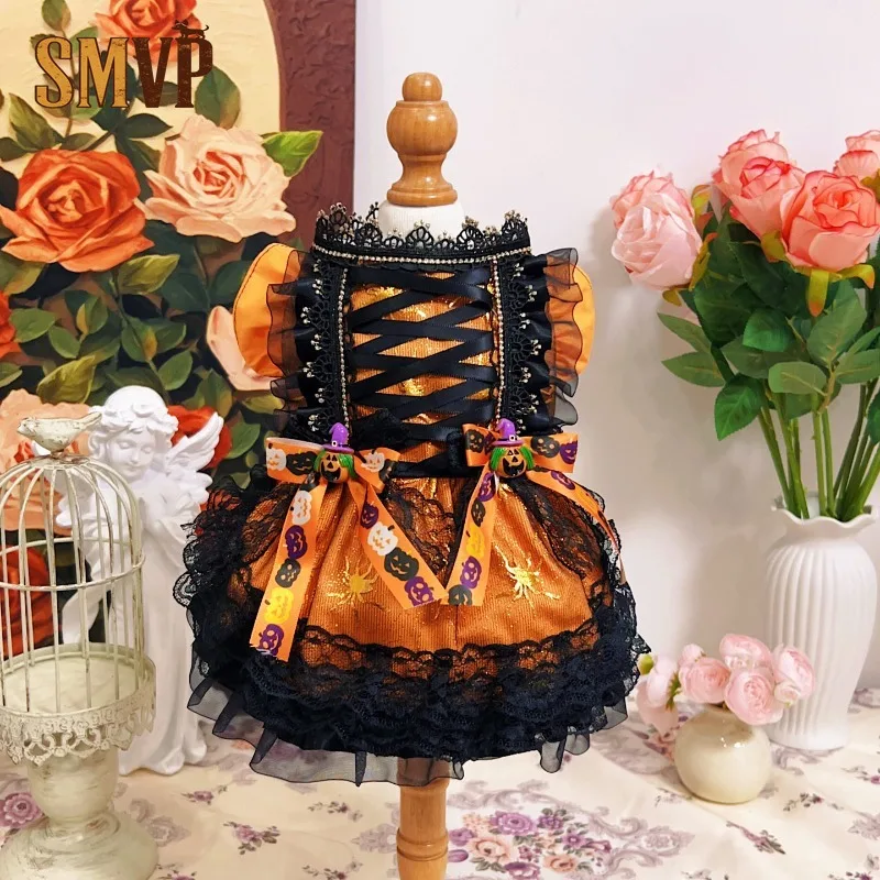 Small Pet Halloween Devil Costume Vintage Lace Trim Tutu Dress Pumpkin Pattern Bow Decor Fancy Holiday Party Cosplay Clothes