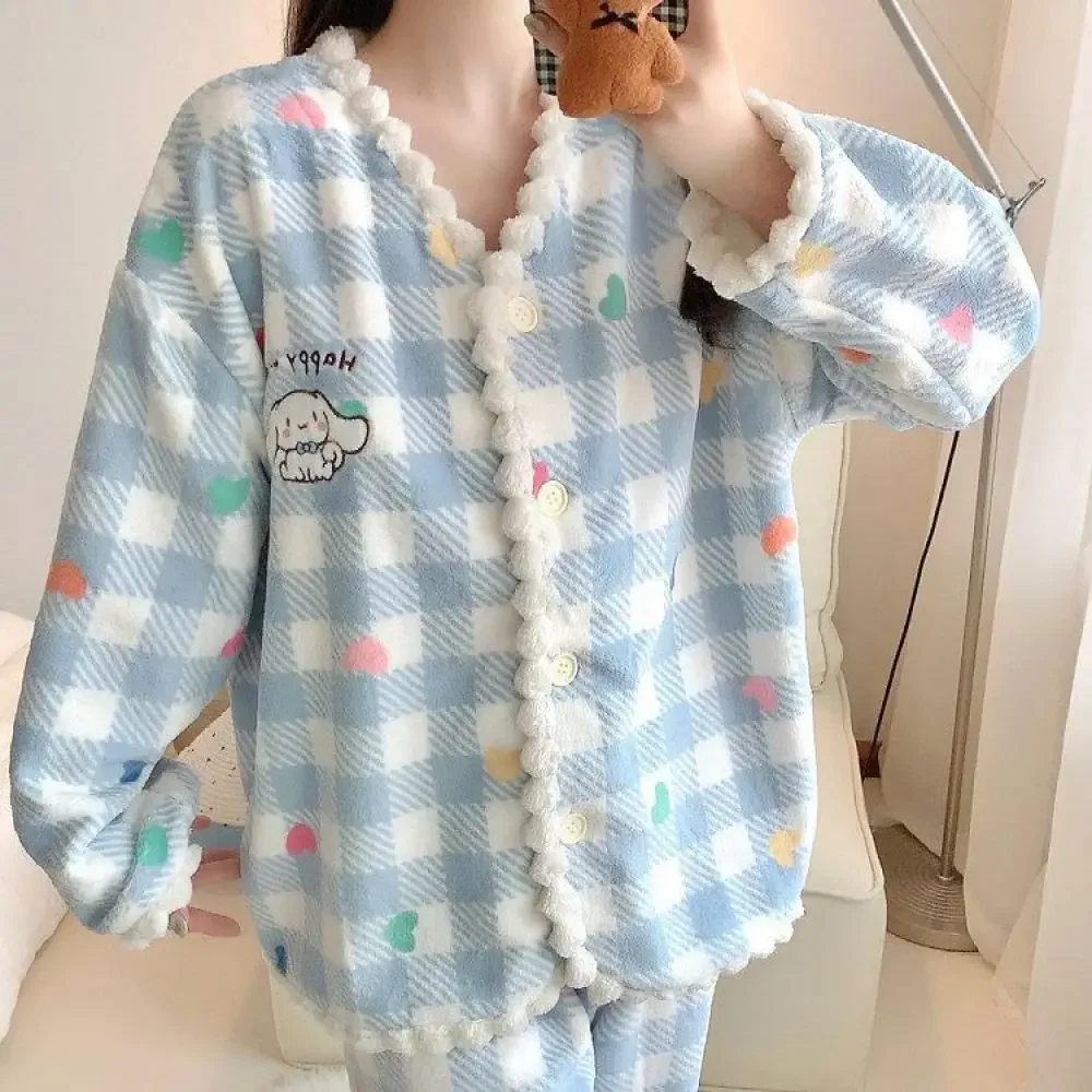 Cinnamoroll Cartoon Plush Pajama Set Sanrioed Anime Coral Velvet Women Sleepwear Cute Warm Winter Homewear Girls Tops Pants