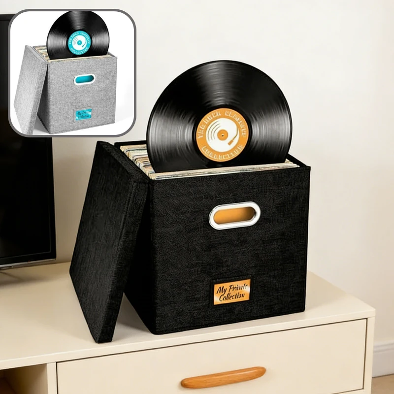 13 Inch Foldable Vinyl Record Storage Box with Lid Large Capacity Cotton Linen Organizer Multi-functional Home Closet Storage