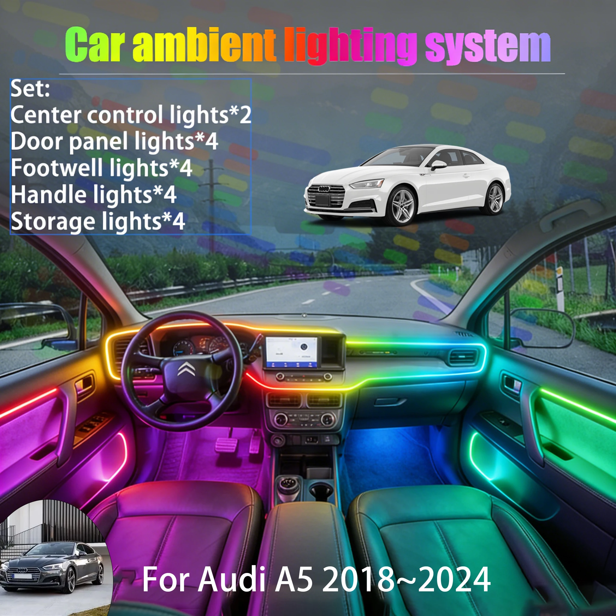 

Для Audi A5 2018~2024 F5 MK2 2/18: Комплект светодиодной подсветки салона и багажника (USB RGB) с эффектом «бегущей строки», автозапчасть