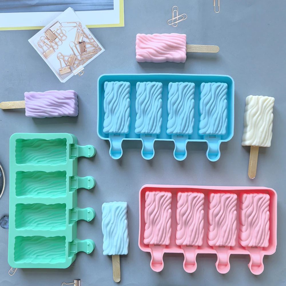 1pc 4-cavity creative popsicle silicone mold 3D rectangular wave ice cream tray DIY cake chocolate baking mold