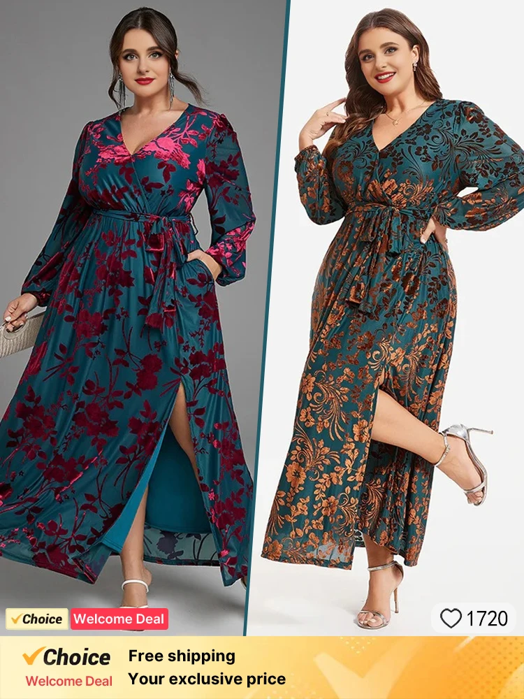 

2025 New Green Velvet Long Sleeve Dress Fashion Printed Women's Dress Sexy V-neck Evening Dress Leisure Vacation Long Dress