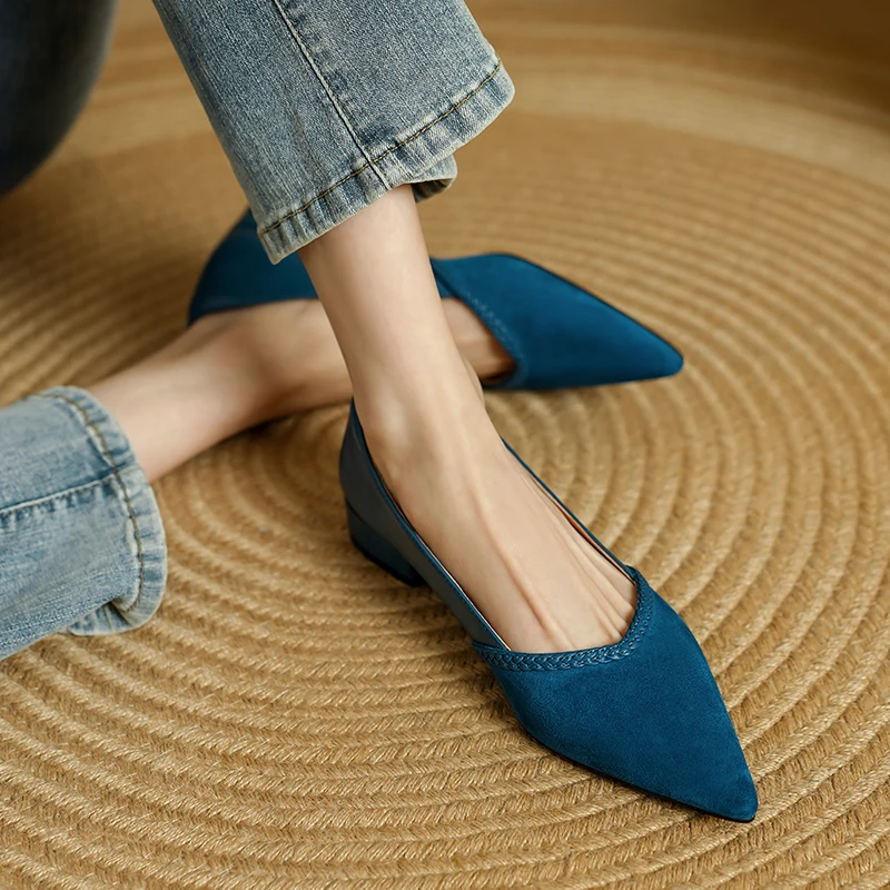 2026new spring summer women pumps natural leather plus size 22-25cm sheepskin+kid suede+pigskin pointed toe low heel women shoes