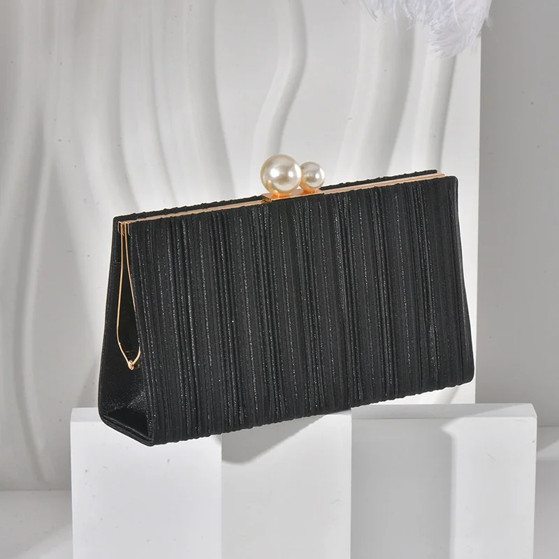 Pure Color Shimmering Fabric Clutch Bag Female Fashionable Wrinkled Evening Bag Cross-body Formal Dress Champagne Clip Purse view 4