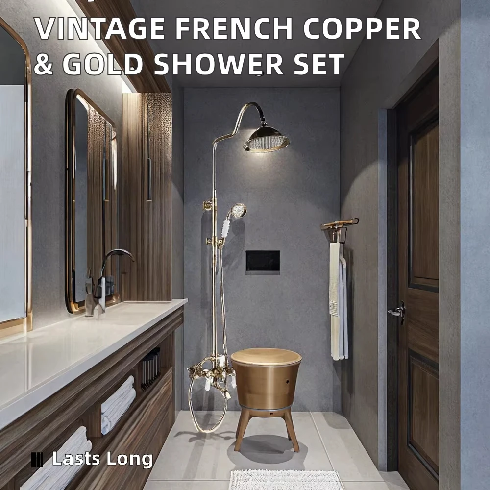 Vintage French Dual Handle Telephone Faucet Oil Rubbed Copper and Gold Brass Shower Set with Rain Spray Bathtub & Shower Head