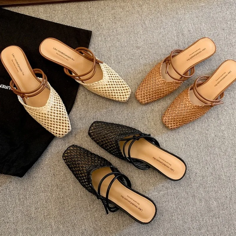 

New Vintage Woven Slip-on Toe Half Slippers Women's New Outwear French Fairy Style Thick Heel Holiday Shoes