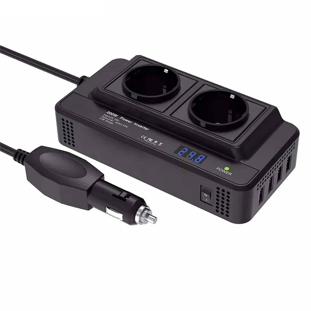 Acessórios de isqueiro do carro, 200W, DC para AC Auto Montado Inversor, Tomada UE, 12V a 220V, 400W, 4 USB, Peak Power