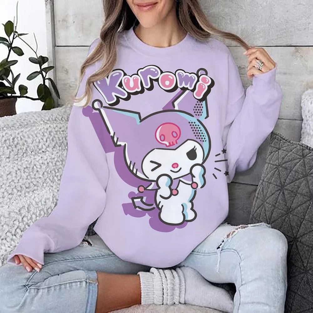 Women's Hello Kitty Coulomi Printed Sweatshirt, High Street Women's Hoodie, Y2K Pattern Clothing, Casual Round Neck Sweater