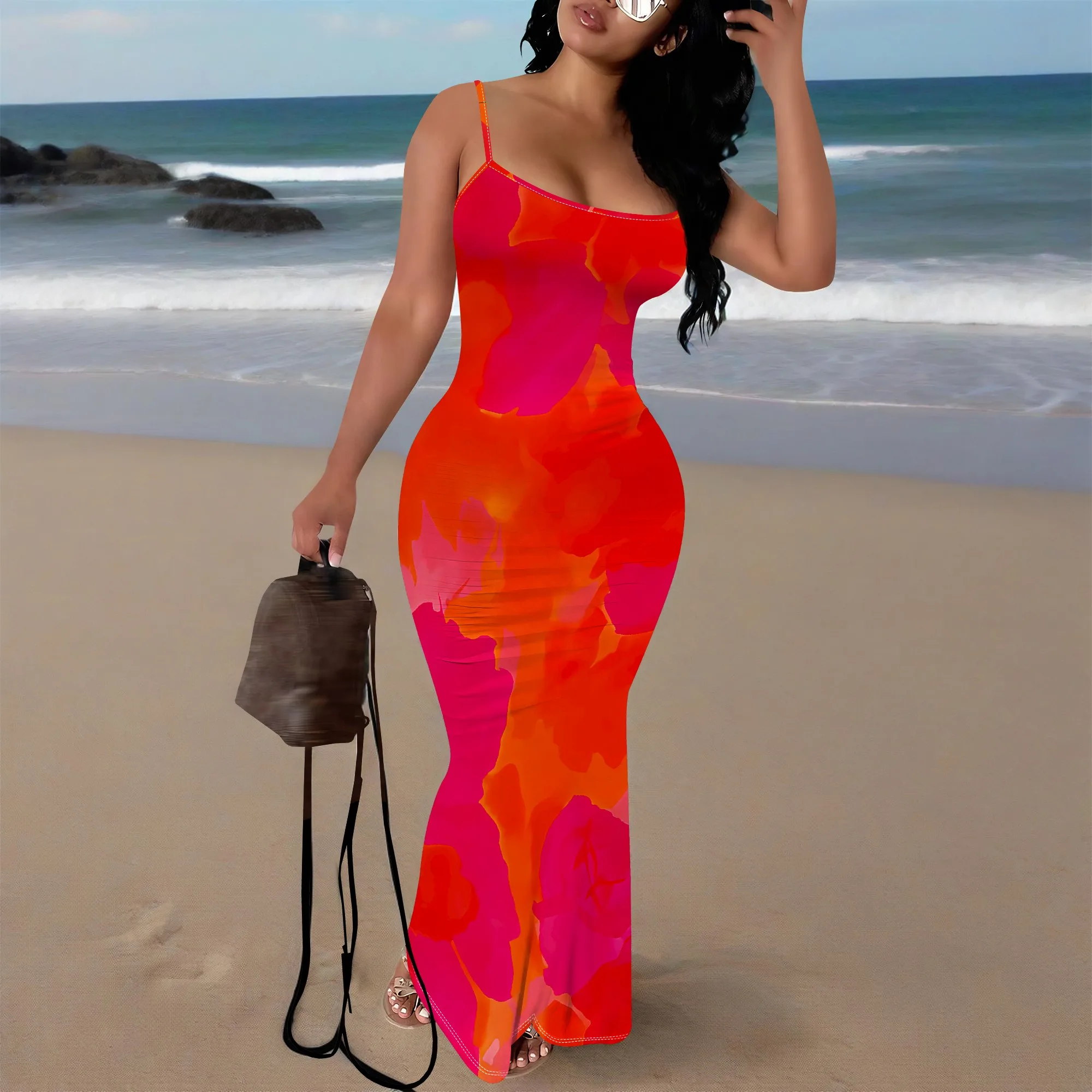 

Red Orange Abstract Print Maxi Dress XS‑3XL Spaghetti Strap Bodycon Style for Club, Beach Vacation or Music Festival Look