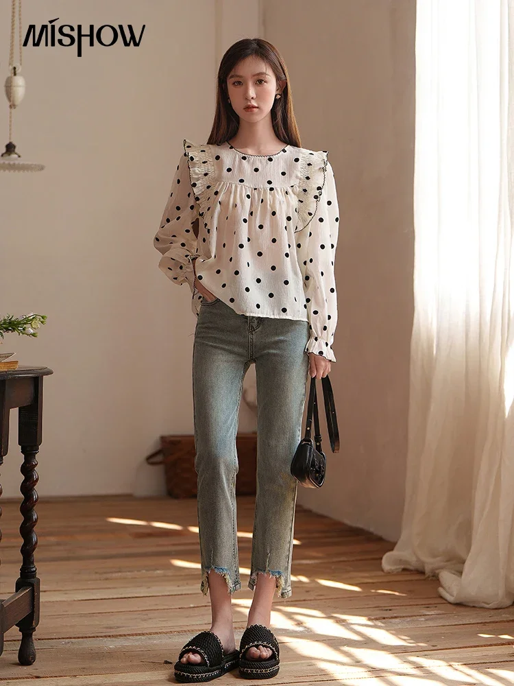 MISHOW Polka Dot Blouses for Women Spring/Summer French RUFFLES Petal Sleeve Loose O Neck Pullover Sweet Tops MXC14X0013