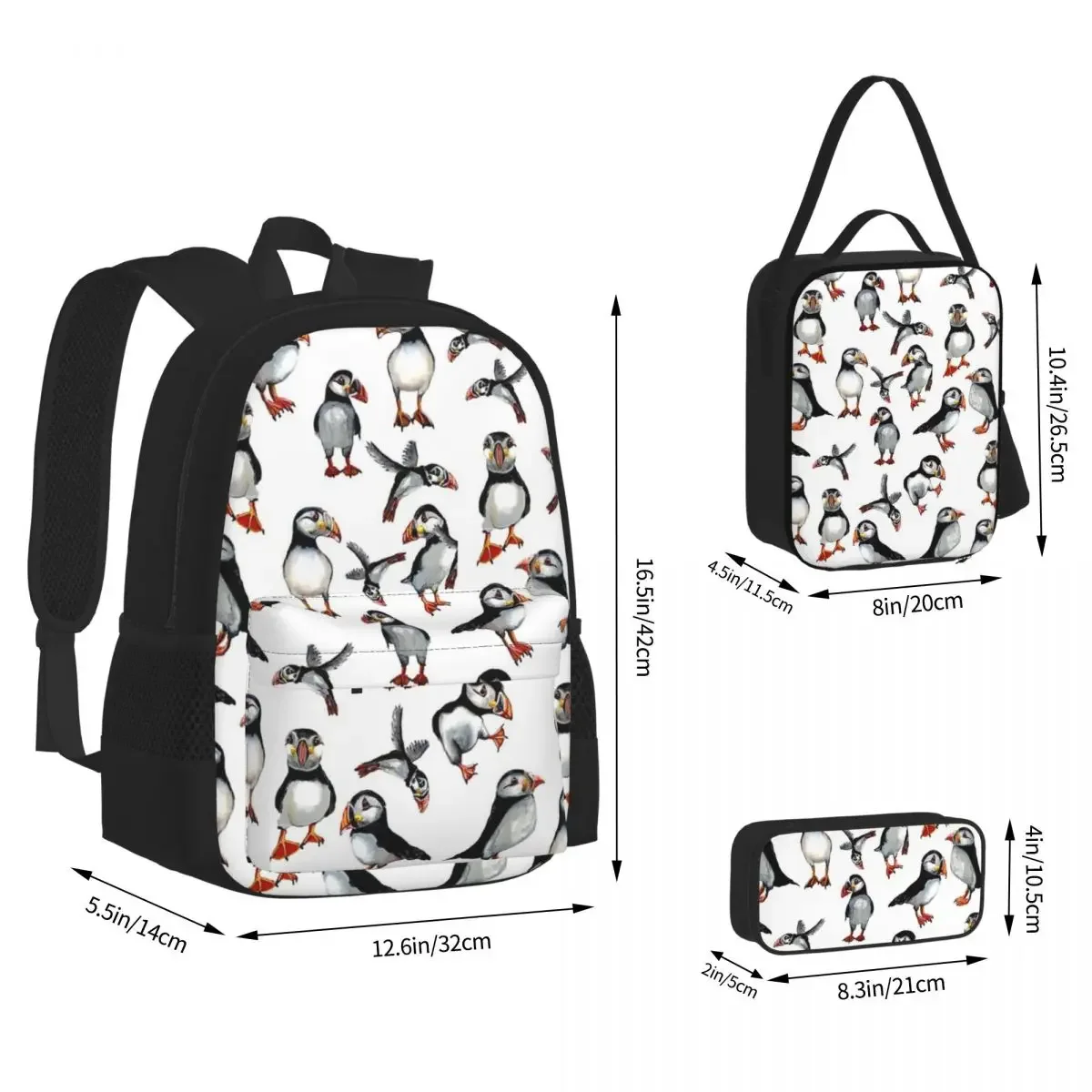 Puffins Pattern Backpacks Boys Girls Bookbag Students School Bags Cartoon Kids Rucksack Lunch Bag Pen Bag Three-Piece Set