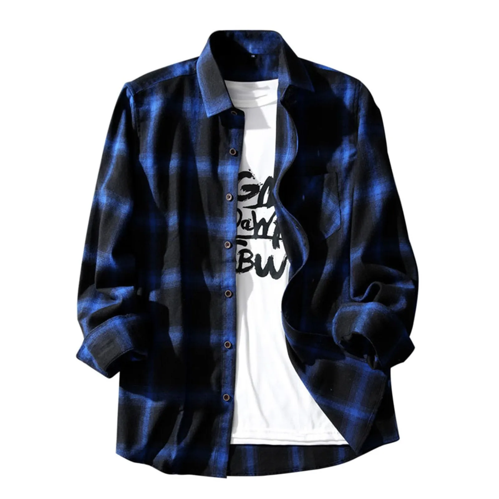 قميص رجالي قطن أبيض وأسود منقوش اللون تصميم كلاسيكي أنيق فضفاض كاجوال بصدر واحد وأكمام طويلة بقصة ضيقة