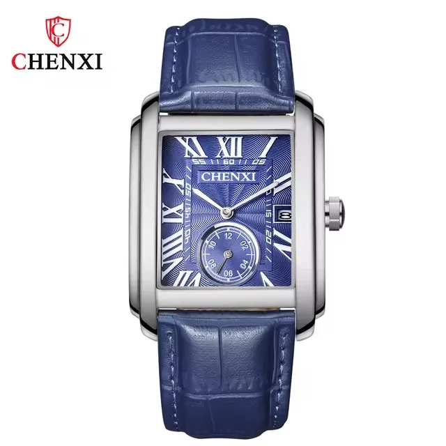 CHENXI 8216 Herren-Quarzuhr, Schwarz, Blau, Braun, quadratische Uhr, modisch, schlichtes Datum, Lederarmband, Armbanduhr für Männer, Geschenk