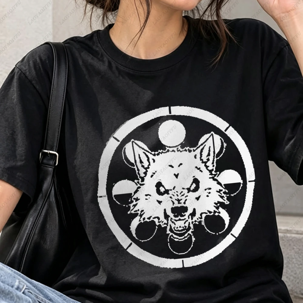 Wolf Head Moon Phase Circle Graphic Women Fashion Short Sleeve T-Shirt Minimalist Gothic Wild Animal Dark Academia Streetwear