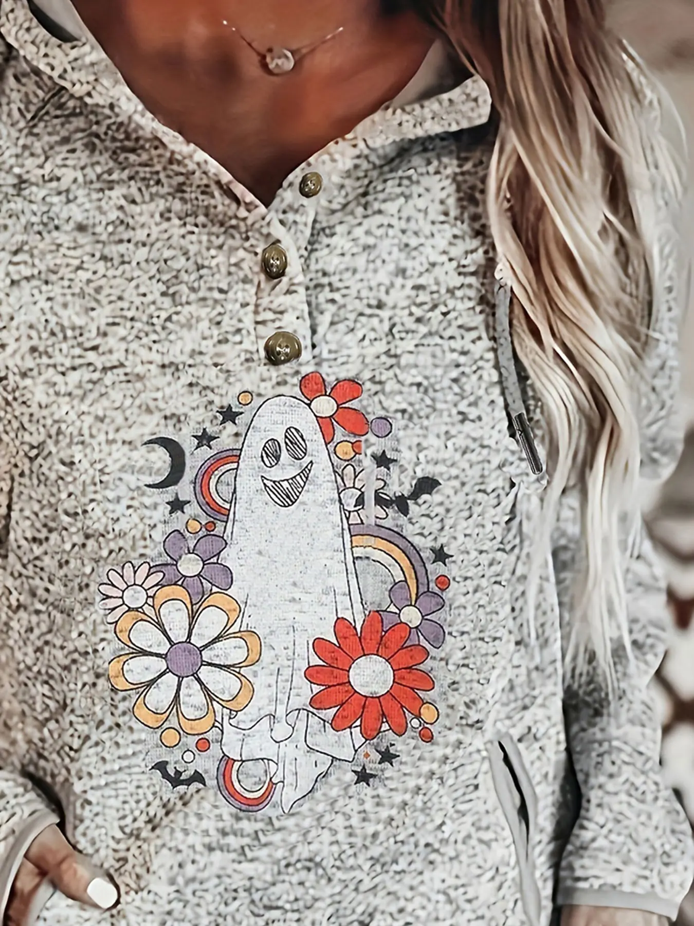 Plus Size Casual Sweatshirt, Women\'s Plus Ghost & Floral Print Long Sleeve Drawstring Hooded Henley Sweatshirt With Pockets