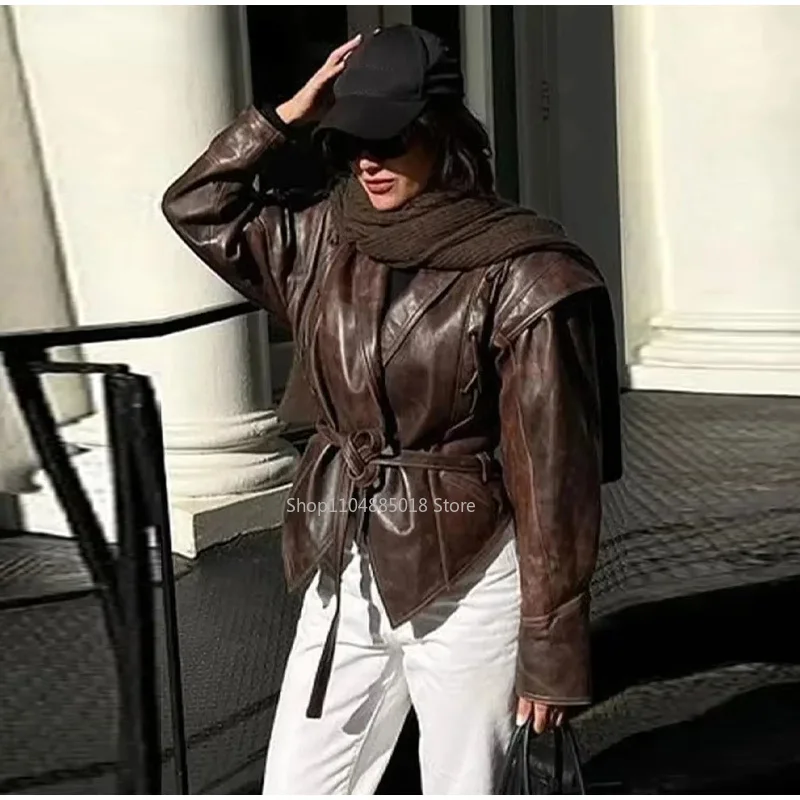

Vintage Street Pu Faux Leather Jacket for Women With Belt V Neck Button Long Sleeve Motorcycle Coat 2024 Autumn Ladies Outerwear