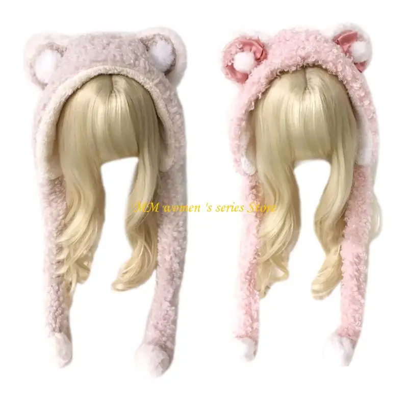 Bonés pelúcia Q39C com orelhas animais desenho animado bonito chapéu quente inverno com abas orelha