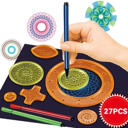 Montessori Toys 27Pcs Spirograph Drawing Toys Set Interlocking Gears Wheels with Pens Spiral Design Painting Geometric Ruler Toy
