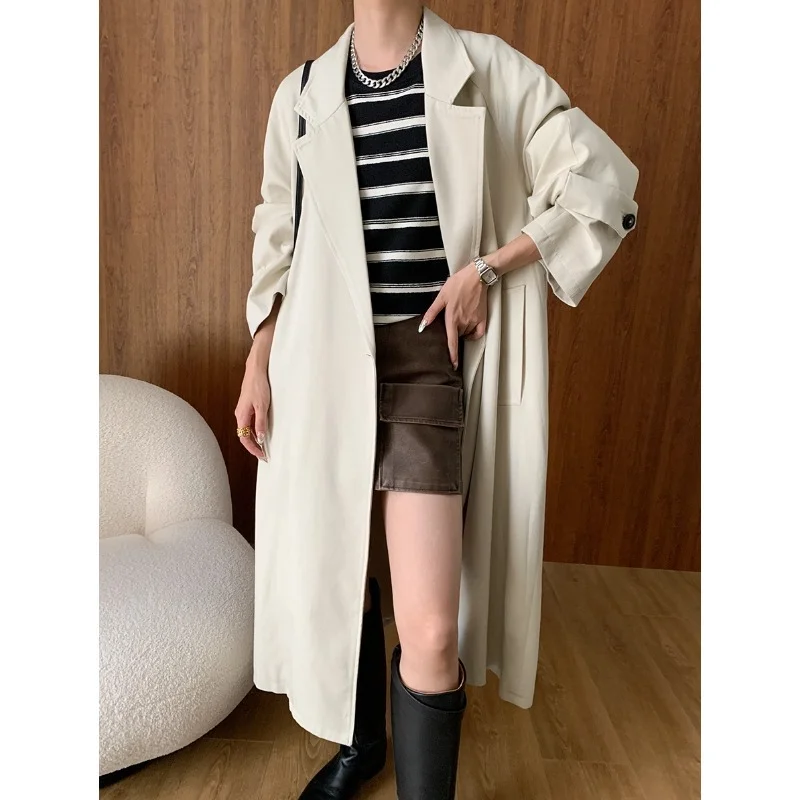 

Women Leisure Loose Lapel Trench Long Coat Long Sleeve Office Korea Chic Green French Elegant Vintage Lady Coat Autumn