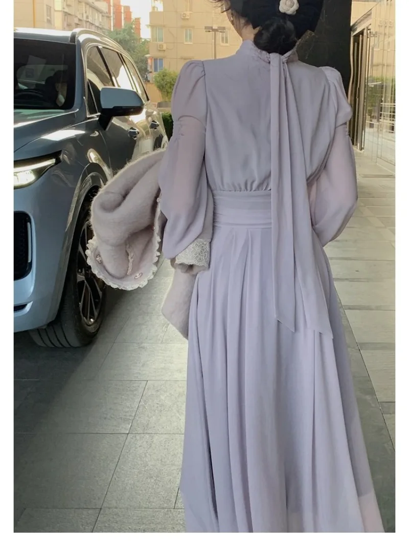 French Style Elegant Evening Party Midi Dresses Women 2023 Summer Long Sleeve Fashion Prom Female Chic Vintage Purple Dress