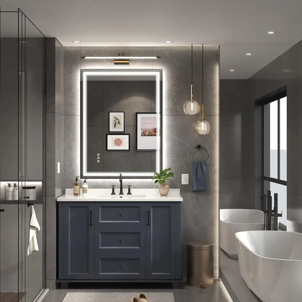 مرآة حمام مضيئة بإضاءة LED مقاس 24 × 32 بوصة مع إضاءة أمامية وخلفية، قابلة للتعتيم، مضادة للضباب، مرآة زينة مقاومة للماء #2