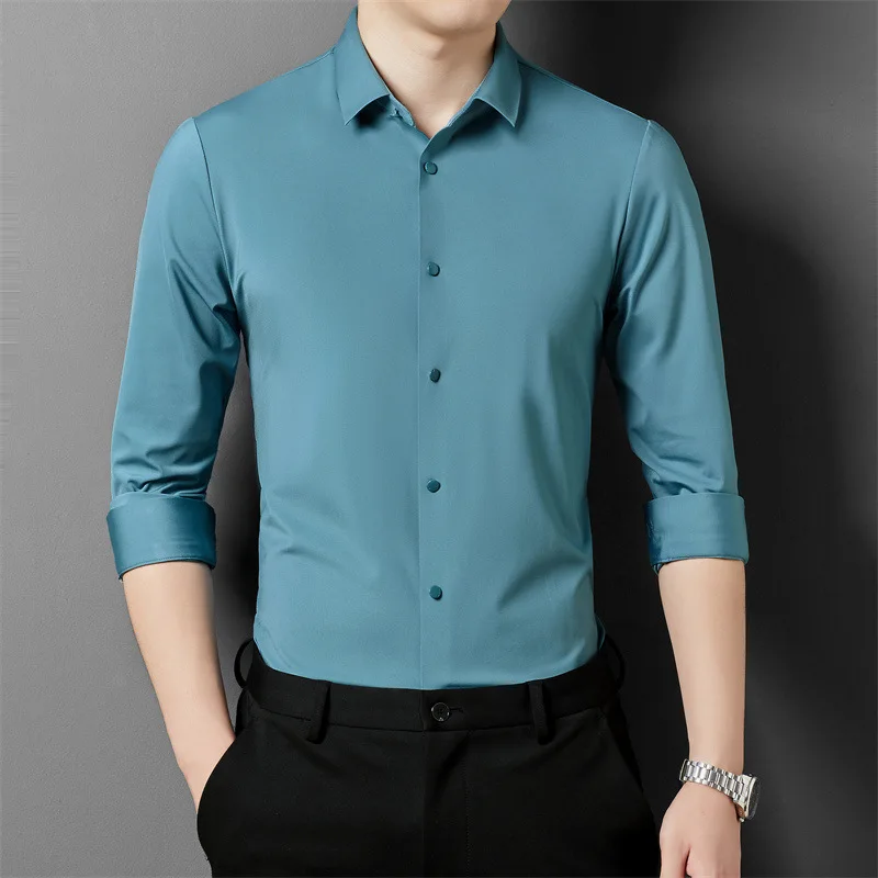 High-end all-season color face high elastic seamless long-sleeved shirt men's drape silky non-iron business casual shirt