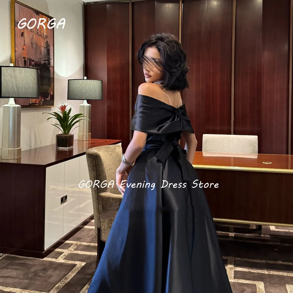 GORGA Simple Black Appliques Off The Shoulder Satin Mermaid Prom dress 2024 Slim Backless Floor-Length Formal Evening Dress