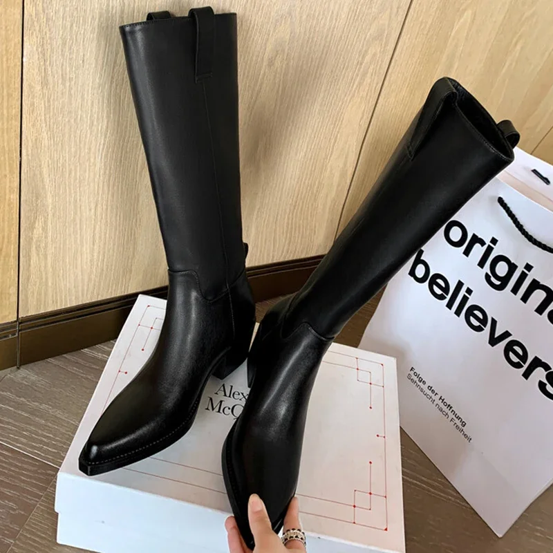 JOZHAMTA Retro Elegant Women Knee-High Boots Thick Heels Genuine Leather Knight High Boots Autumn Winter Office Lady Shoes Woman