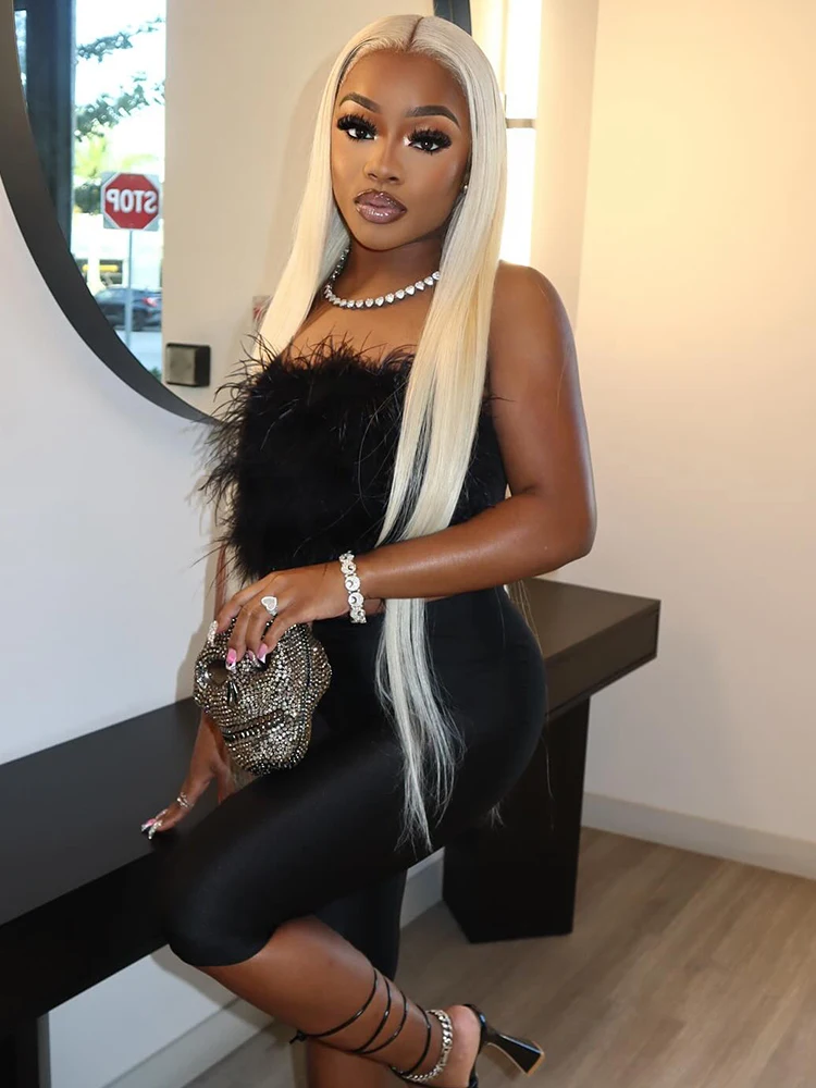 

Whatiwear женский сексуальный комплект из 2 предметов, женские топы без бретелек с украшением из перьев + узкие укороченные брюки, модная одежда для клубной вечеринки