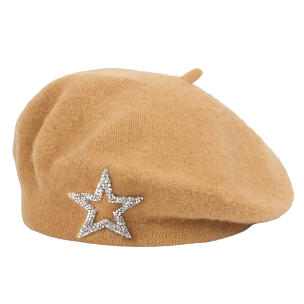 Streetwear Five-Pointed Star Wool Beret Soft Solid Color Knitted Painter Hat Warm Rhinestone Decor Beanie Cap Travel