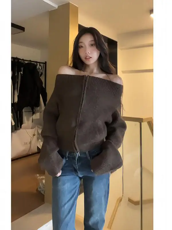 

Korean Style Long Sleeve One Shoulder Sweater Coat Women's Loose Lazy Design Sense Autumn Winter New Style Spicy Girl Top