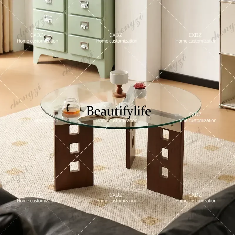 CQY Glass coffee table living room household  small apartment medieval tea table round balcony solid wood tea table