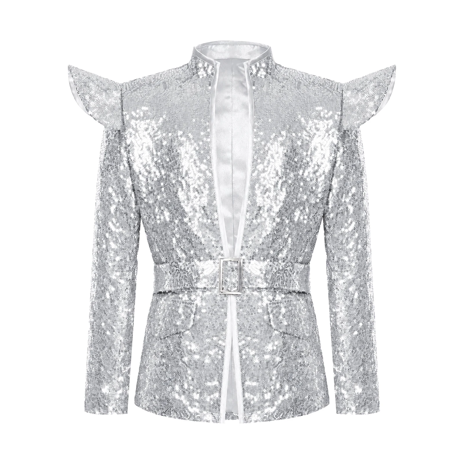 Kid Boys Glittery Sequin Disco Jazz Dance Jacket Long Sleeve Shoulder Pad Blazer Coat with Belt for Hallooween Party Performance