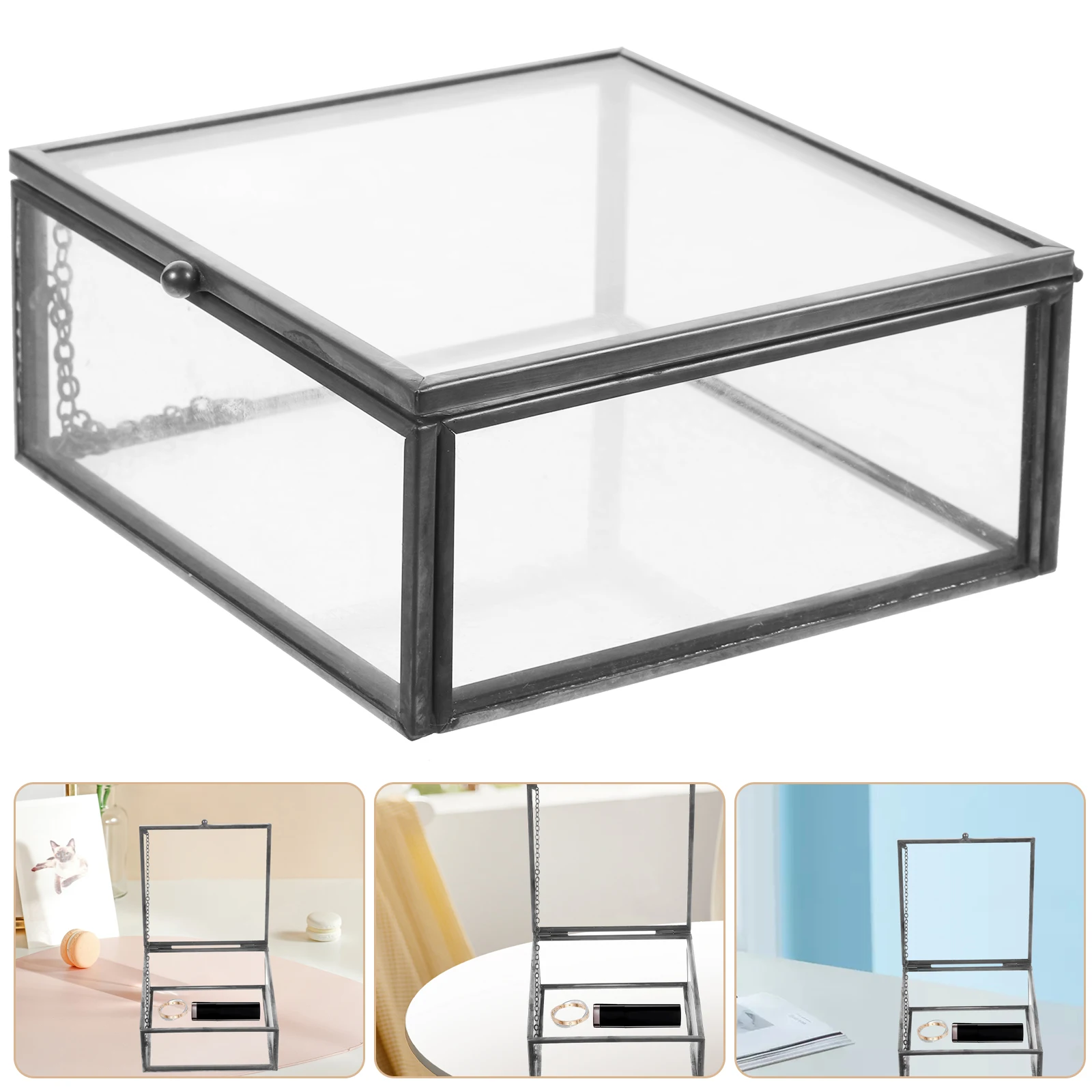 

Jewelry Storage Box Clear Case Desktop Organizer Lid Decorative Container Alloy