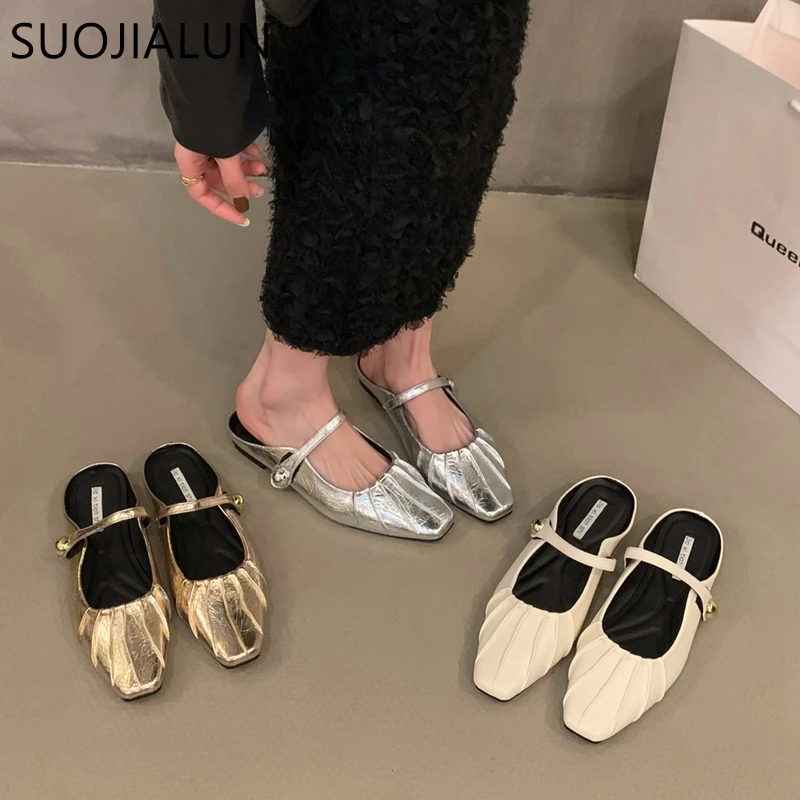 SUOJIALUN 2024 Spring New Brand Women Slipper Fashion Pleated Round Toe Slip On Mules Shoes Round Toe Outdoor Dress Sandal Shoes