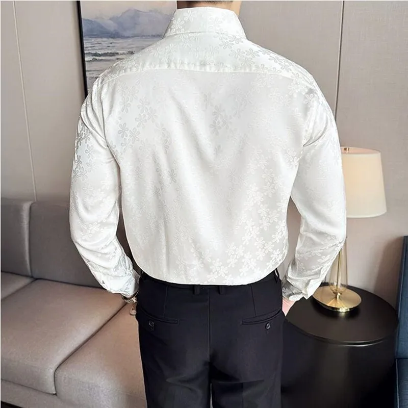 High Quality Dark Patterned Jacquard Men\'s Shirt Korean Designer Long Sleeved Slim Fit Casual Prom Tuxedo Black/White Shirt