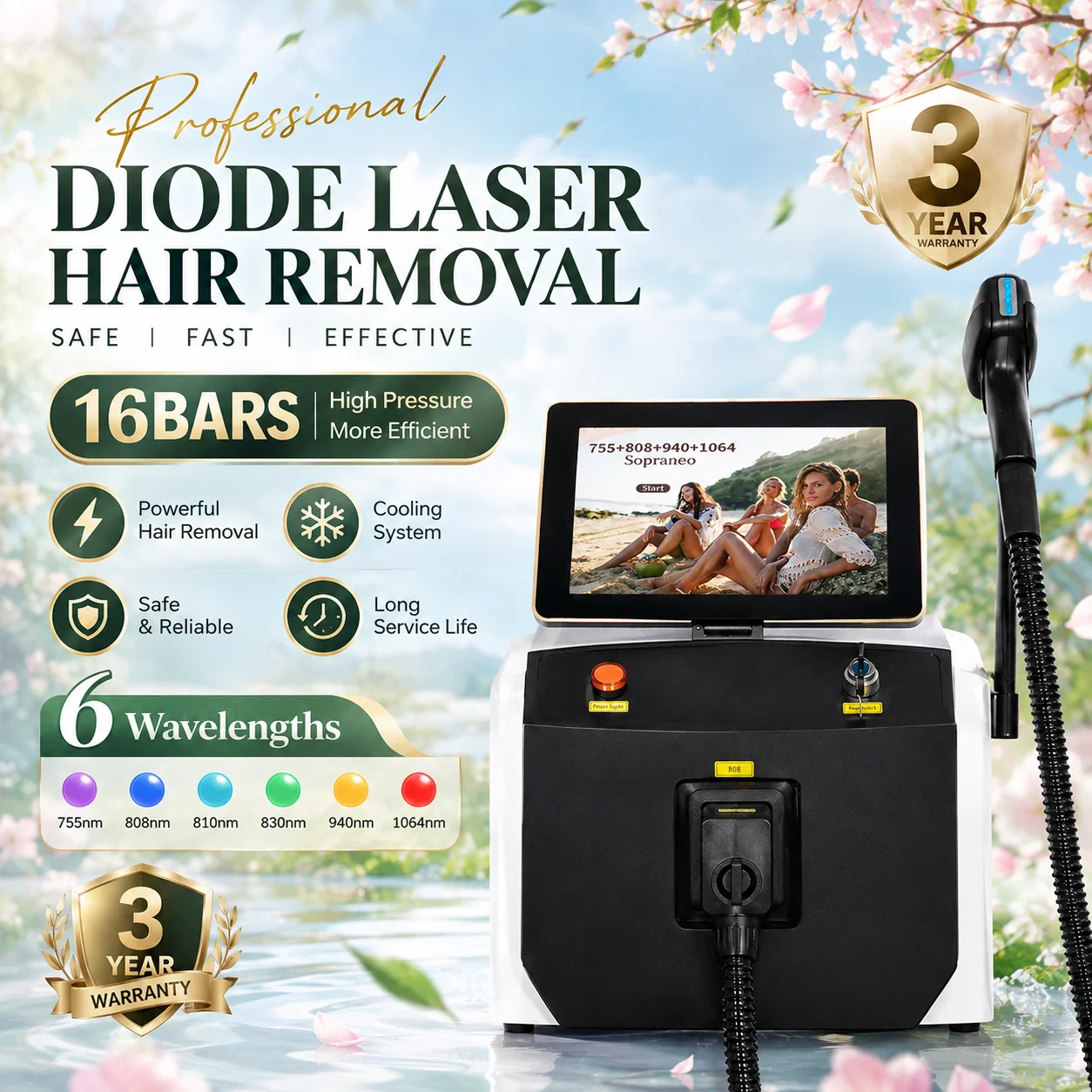 7000W Beauty Equipment Titanium Ice Device Hair Remov 6 Wavelength 755 808 810 830 940 1064 Nm Diode Laser Hair Remov Machine