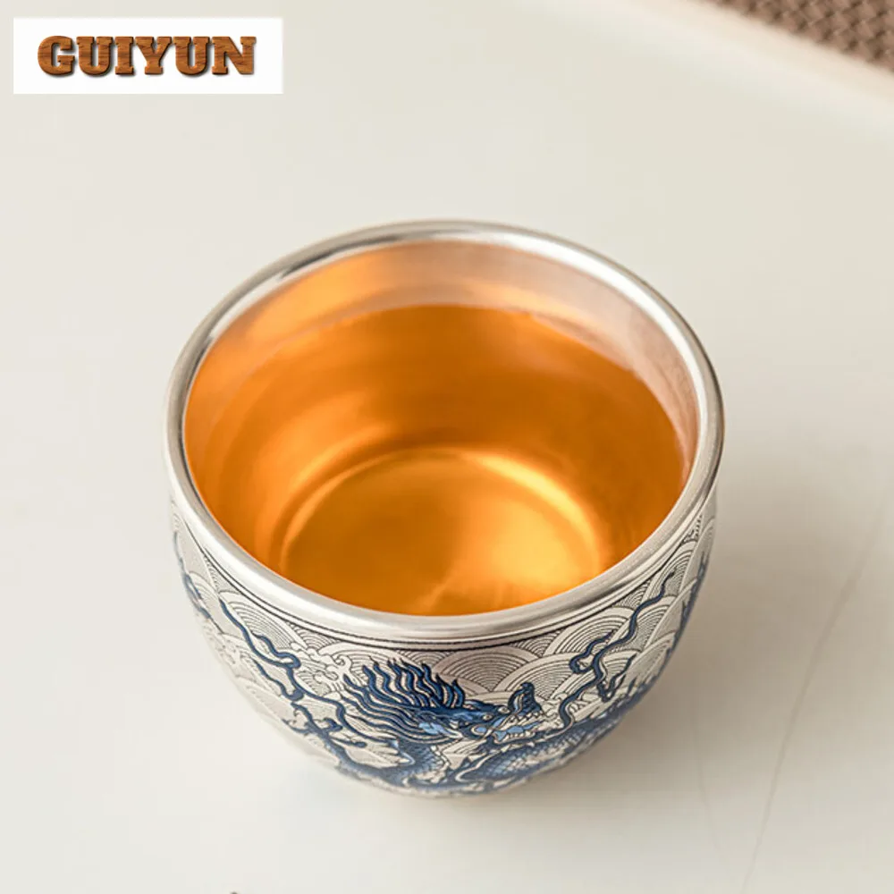 150ml High End 999 Gilded Silver Teacup Blue and White Dragon Pattern Tank Cup Chinese Feng Shui Master Cup Kung Fu Teaset Gifts