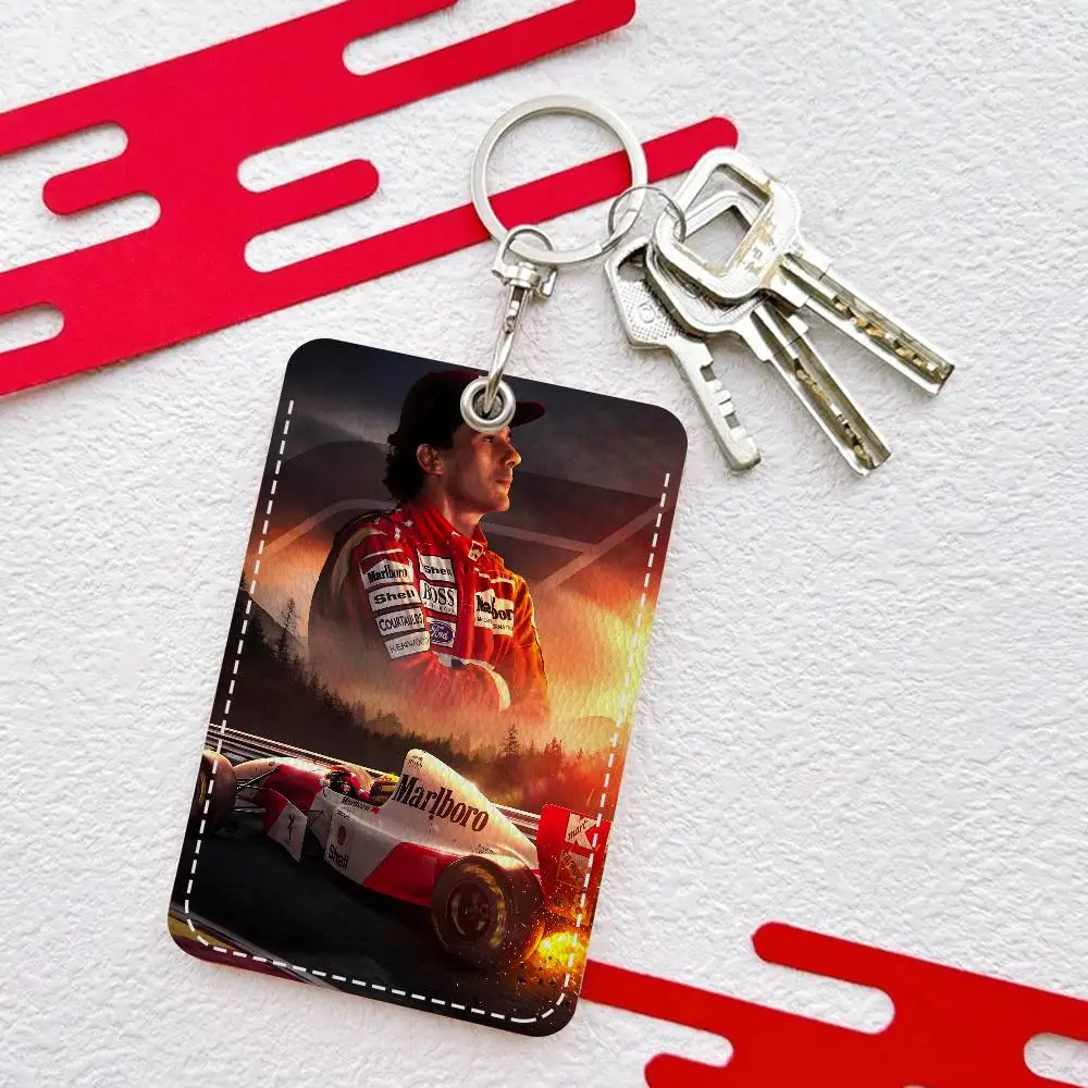 A-Ayrton Senna Rectangle ID Card Case Keychain Access Card Bag Key Tag Ring Leather Card Holder Key Ring Access