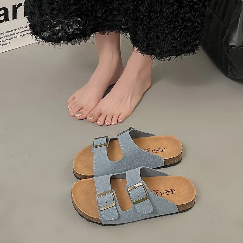 Flock Rubber Flip Flops Shoes Woman 2025 Slippers Summer Platform Pantofle Low Hawaiian New PU Rome Cow Suede Hoof Heels Slides image 2