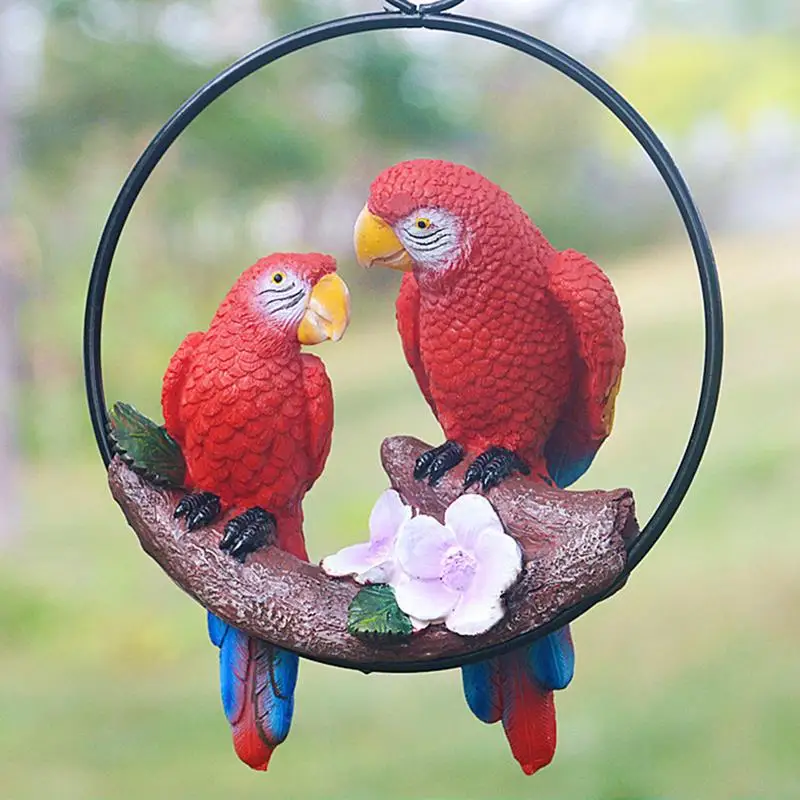 Parrot Outdoor Statues resin made Realistic Yard Art Double Parrot Statue on Iron Ring weather proof Outdoor Decor for lawn yard