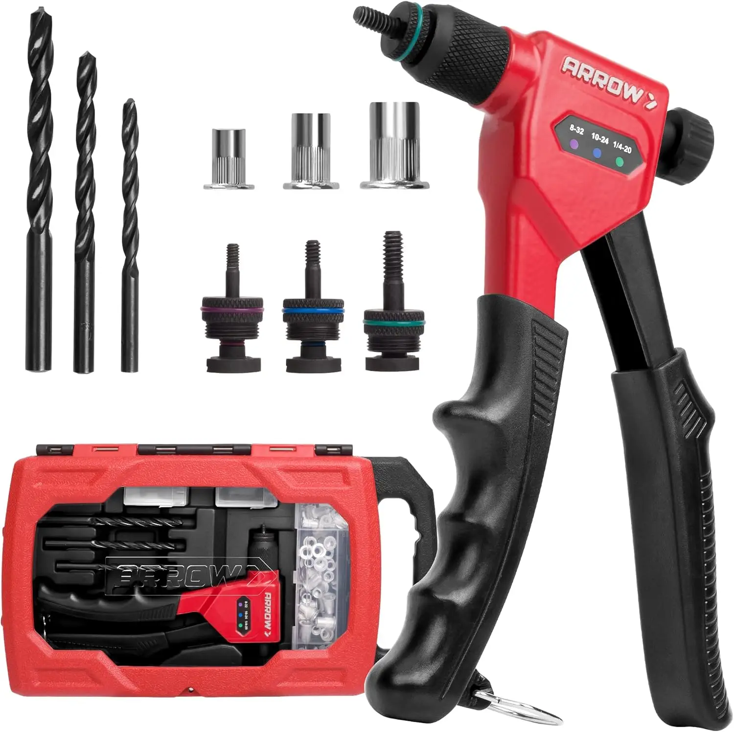 Ferramenta de porca de rebite, kit de arma de porca de rebite de 8 "projetado para espaço apertado, setter de porca de rebite com 3 mandris (8-32, 10-24, 1/4-20), 75 peças