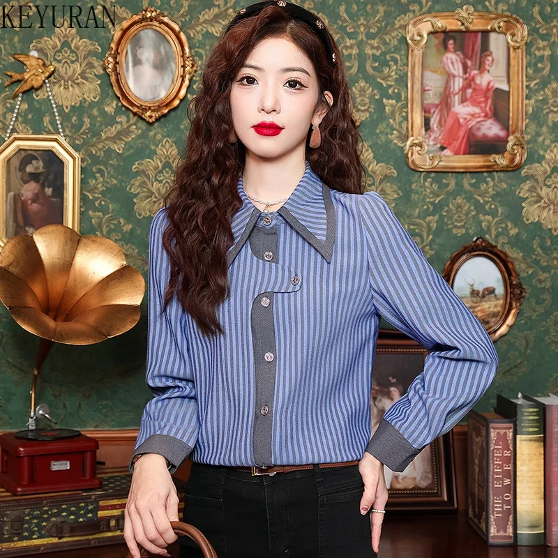 

2024 Spring Autumn Spliced Striped Blouses Women's Tops Retro Commute Lapel Single-breasted Asymmetric Casual Long Sleeve Shirts