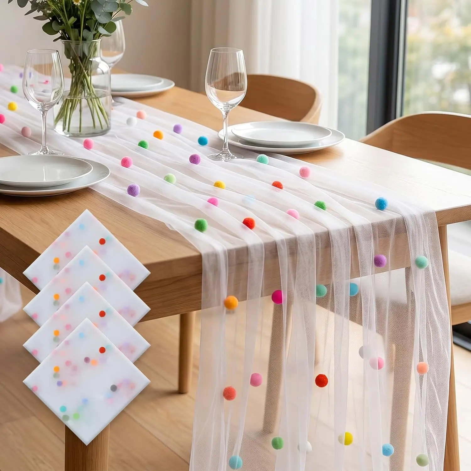 3PCS 3D Confetti Fluffy Balls Tulle Table Runner 70X300CM Colorful Polka Dot Dining Table Decoration For Birthday Wedding Party
