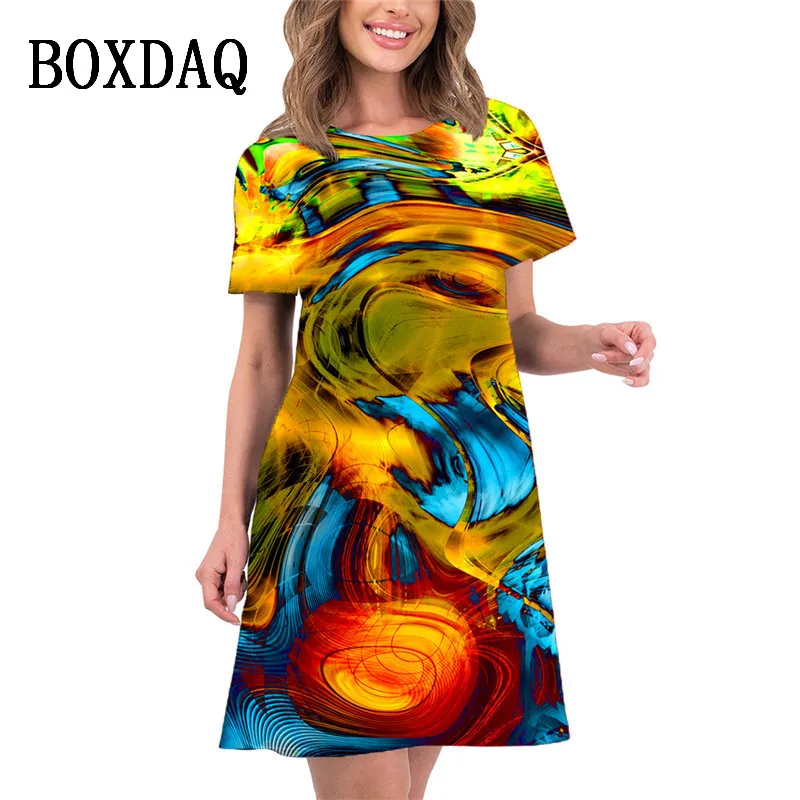 2024 New Spring Women Dresses Oversized Loose Casual Short Sleeve Oil Painting Print A-Line Dress Summer Beach Sundress Vestidos