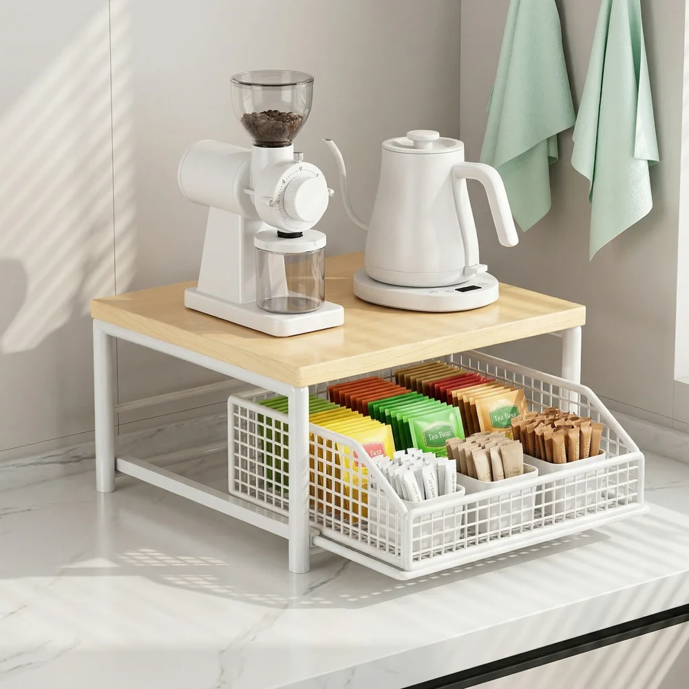 

Metal Frame Kitchen Rack Kitchen Countertop Organizer with Drawer Wire Basket Double-tier Hardwood Storage Shelf for Coffee