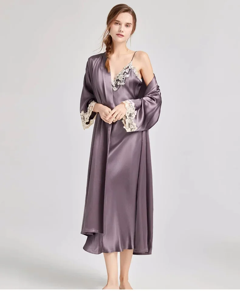 

19Momme 100% Mulberry Silk Lace Trim Long Robe with Nightgown Sleepwear Set Women's Sexy Maxi Bathrobe & Nightgown for Spring PJ
